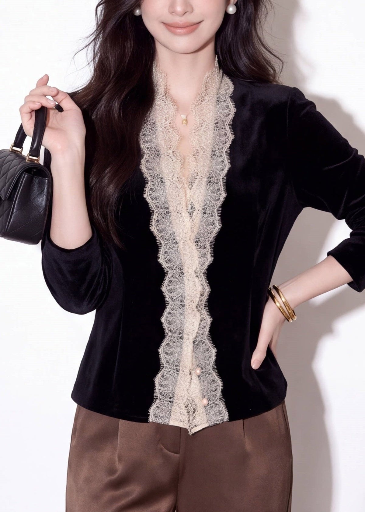 Fine Black V Neck Lace Patchwork Silk Velvet Top Long Sleeve