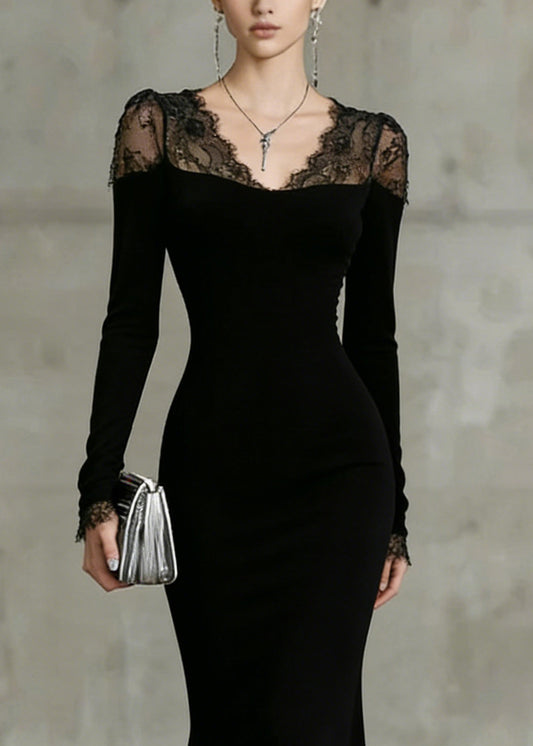 Fine Black V Neck Lace Solid Patchwork Fish Tail Dresses Spring