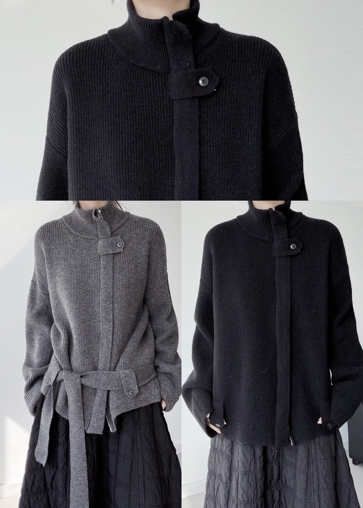 Fine Black Zip Up Tie Waist Knit Cardigan Winter