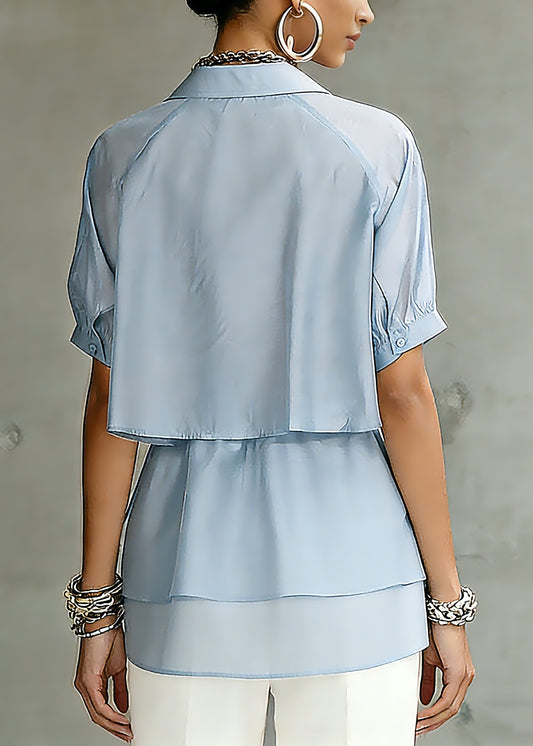 Fine Blue Peter Pan Collar Drawstring Silk Cotton Shirts Short Sleeve
