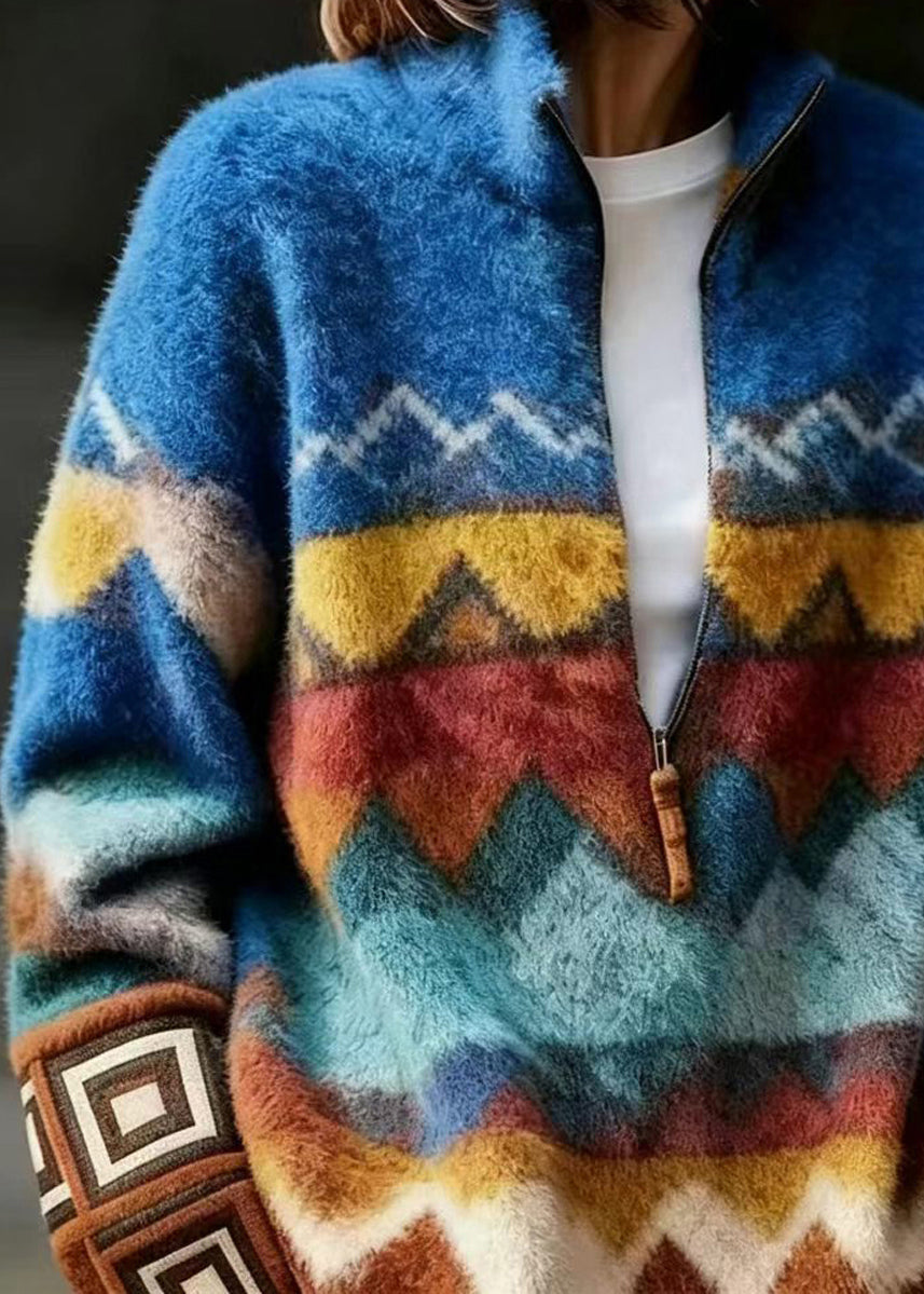 Fine Blue Stand Collar Zippered Mink Hair Knitted Sweater Fall