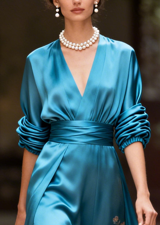 Fine Blue V Neck Print Silk Maxi Dress Long Sleeve