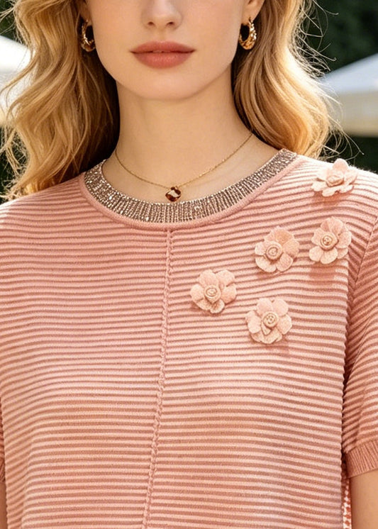 Fine Brick Red Striped Flower Knit Shirts Summer