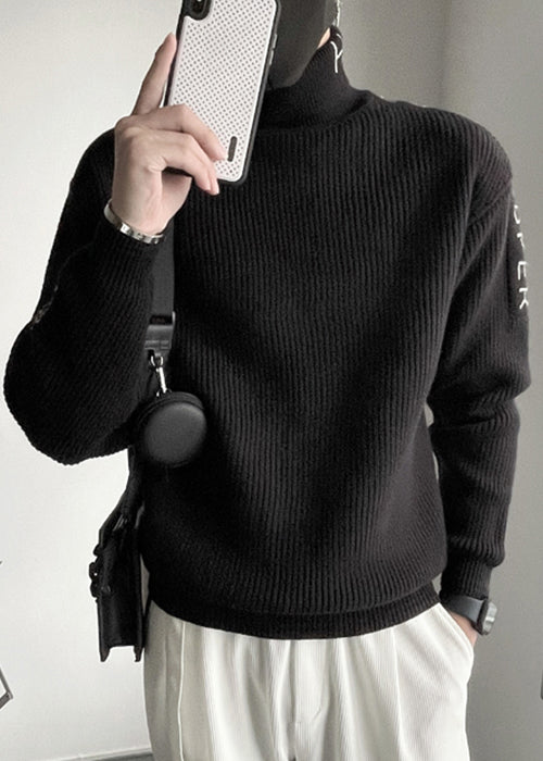 Fine Coffee Turtleneck Letter Thick Knit Sweater Men Winter