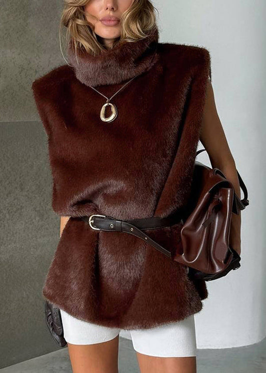 Fine Coffee Turtleneck Side Open Fluffy Waistcoat Sleeveless