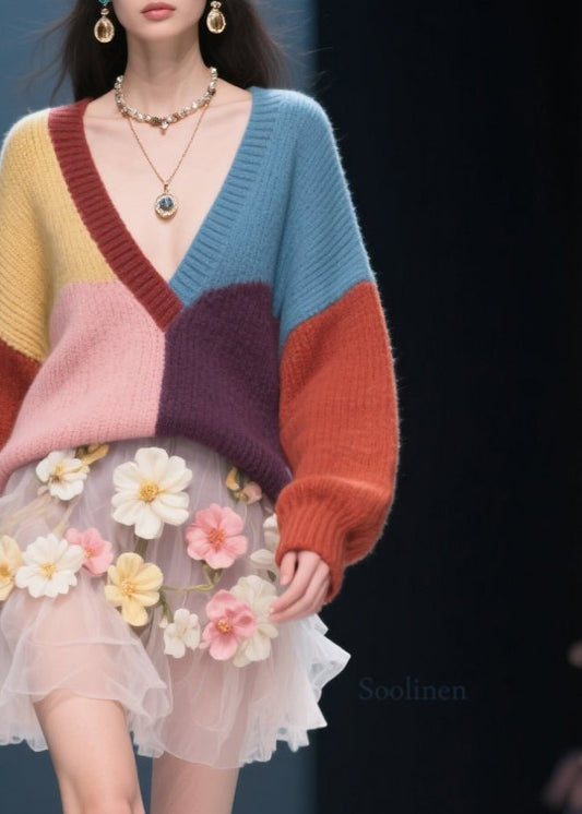 Fine Colorblock V Neck Knit Sweaters Top Fall