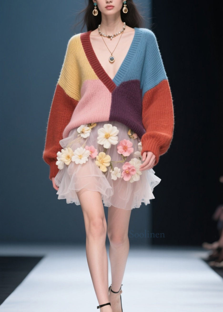 Fine Colorblock V Neck Knit Sweaters Top Fall