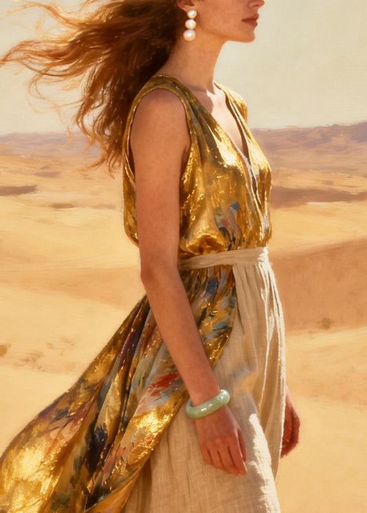 Fine Golden Tie Dye Patchwork Exra Large Hem Silk Party Dress Summer
