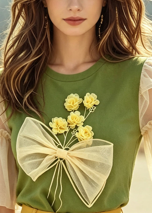 Fine Green O-Neck Daisy Cotton Blouse Top Summer