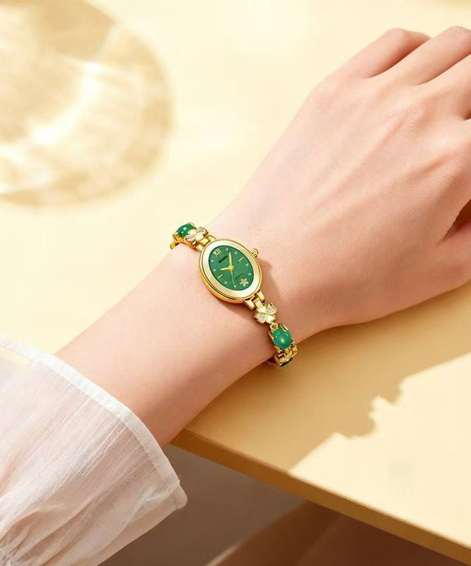 Fine Green Stainless Steel Overgild Zircon Tempered glass Four Leaf Clover Watches