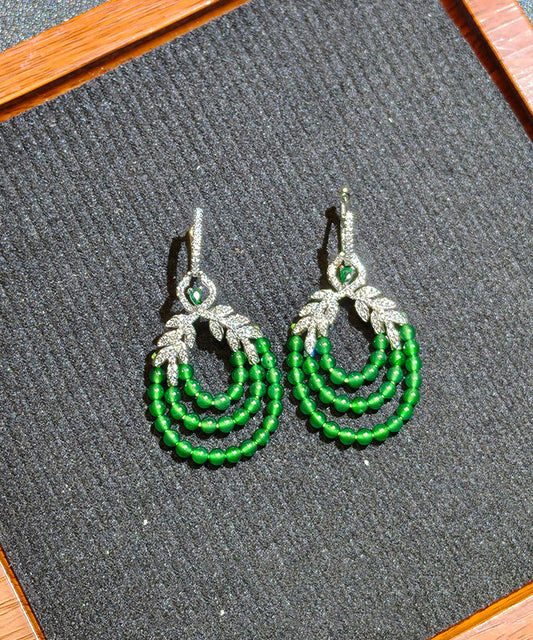 Fine Green Sterling Silver Zircon Leaf Rice Beads Drop Earrings