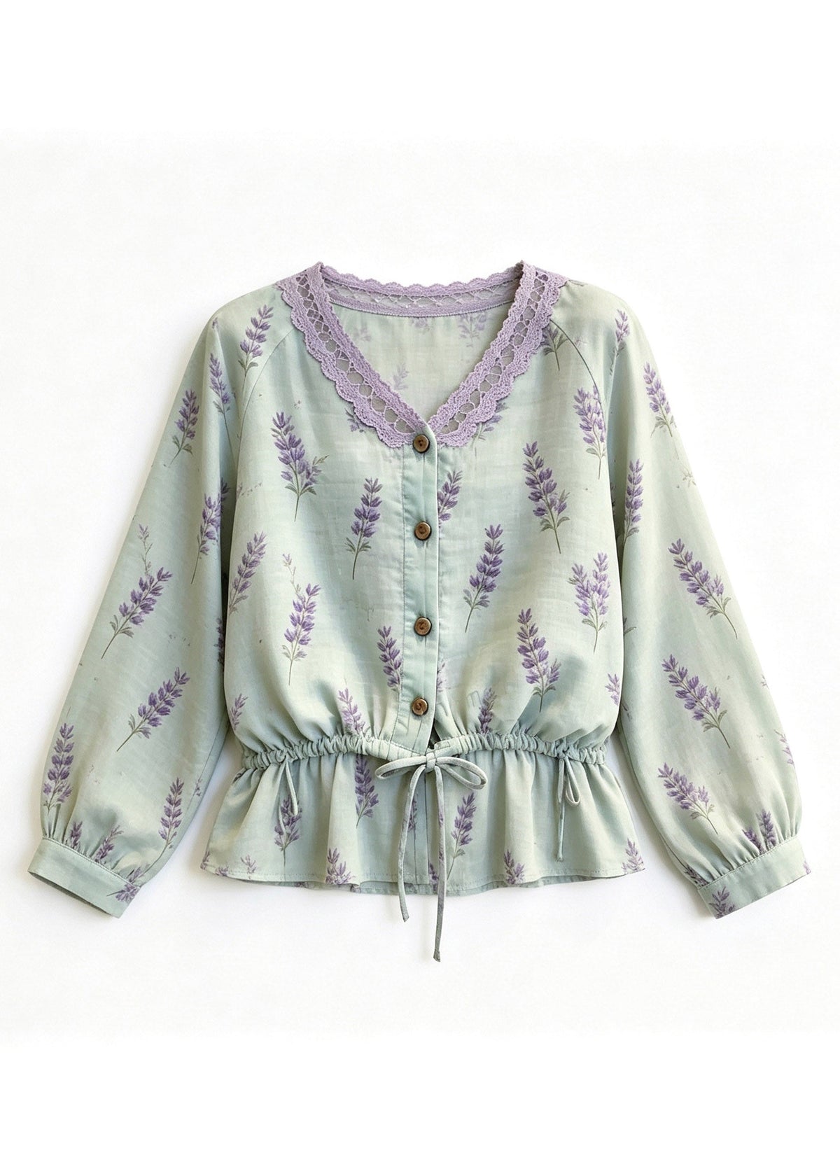 Fine Green V Neck Patchwork Tie Waist Top Long Sleeve