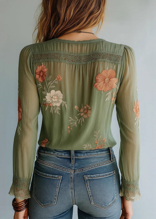 Fine Green V Neck Print Lace Chiffon Shirt Fall