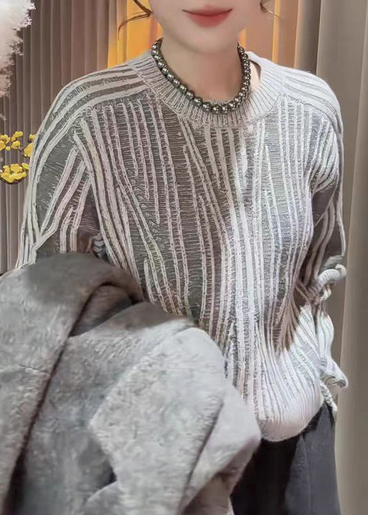 Fine Grey O Neck Striped Knitted Sweater Tops Fall