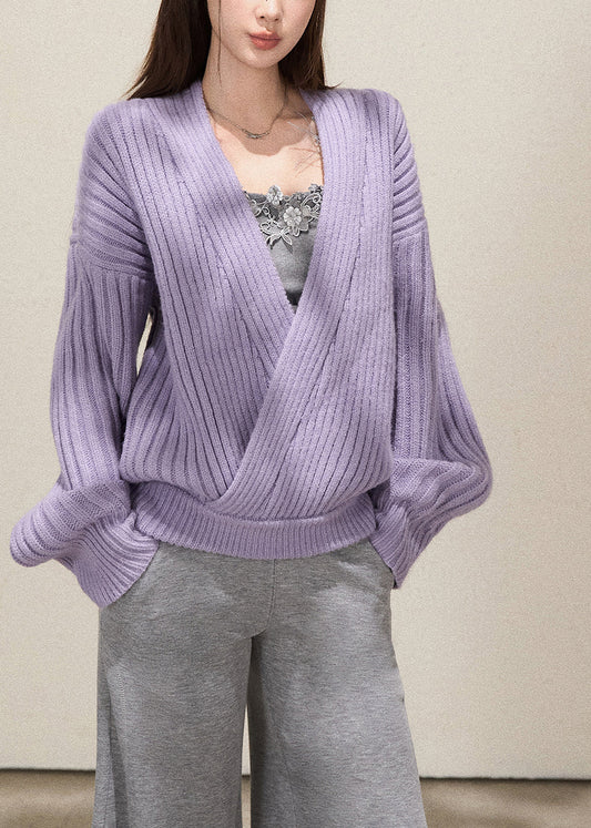 Fine Lavender V Neck Striped Knit Sweater Fall