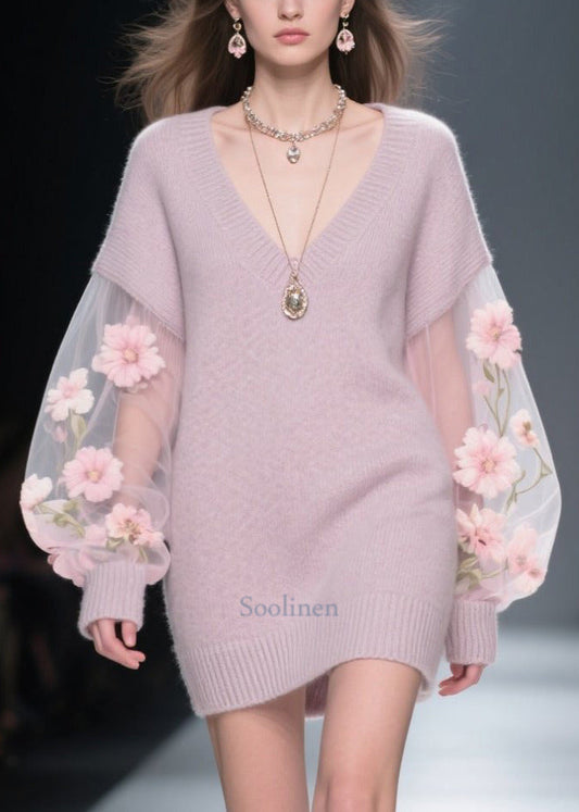 Fine Light Purple V Neck Patchwork Tulle Flower Long Sweaters Fall