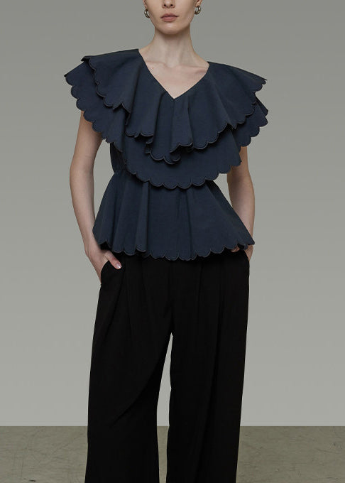 Fine Navy Double-layer Ruffles Cotton Cinched Shirts Summer