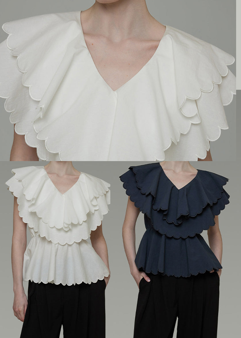 Fine Navy Double-layer Ruffles Cotton Cinched Shirts Summer