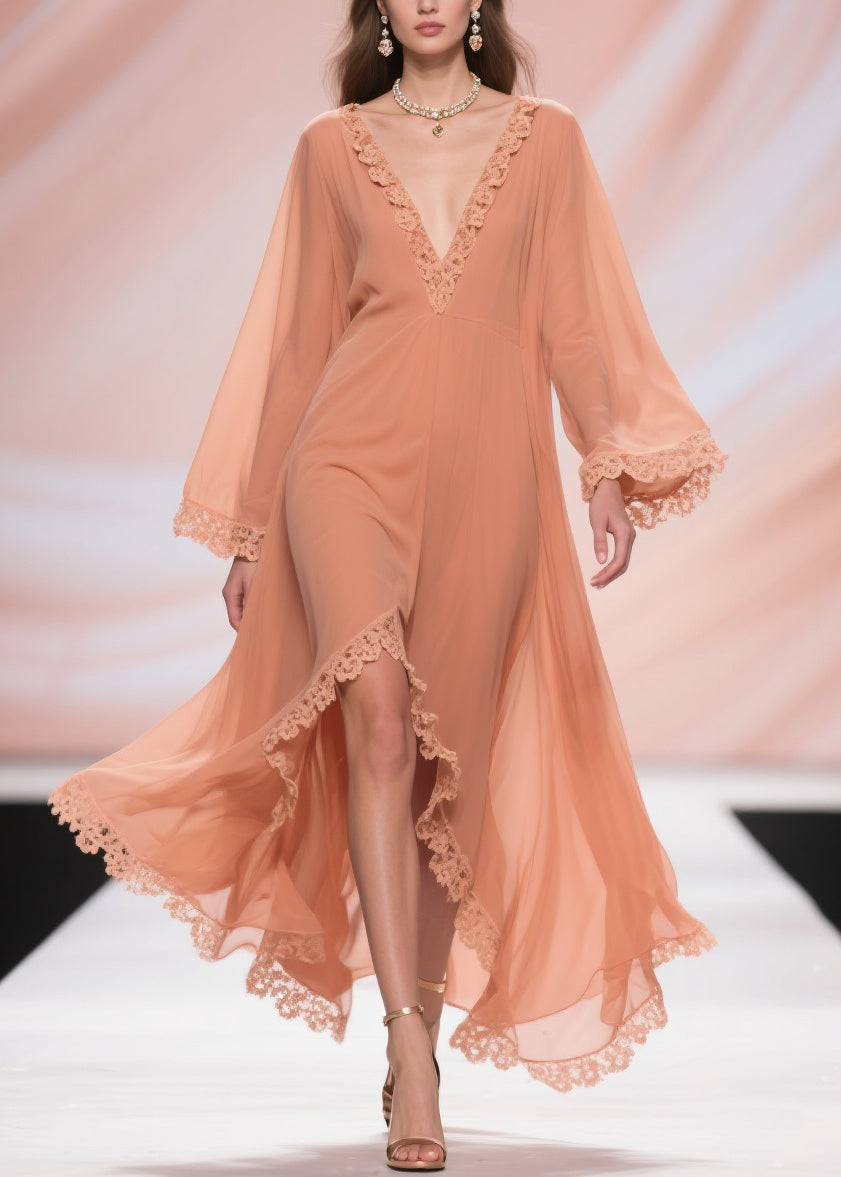 Fine Orange Lace Side Open Solid Chiffon Long Dresses