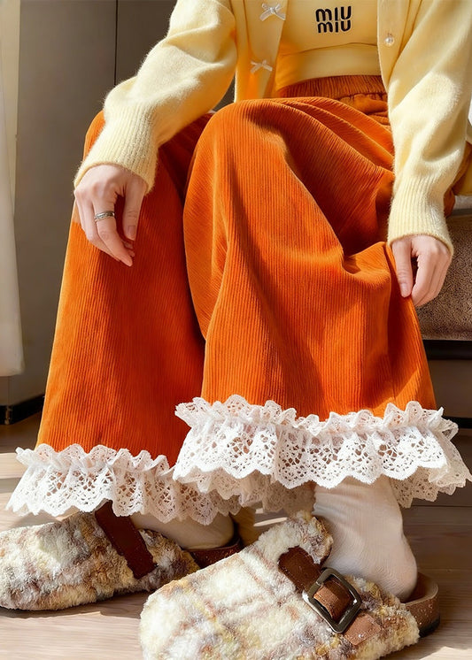 Fine Orange Oversized Lace Patchwork Corduroy Pants Winter