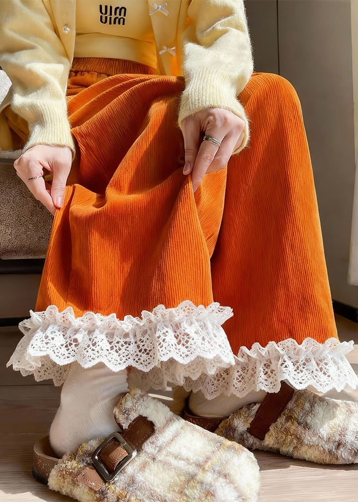 Fine Orange Oversized Lace Patchwork Corduroy Pants Winter