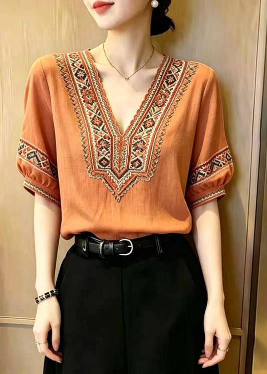 Fine Orange V Neck Embroidered Cotton Shirts Summer