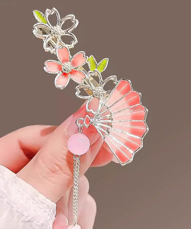 Fine Pink Alloy Zircon Floral Fan Tassel Hairpin