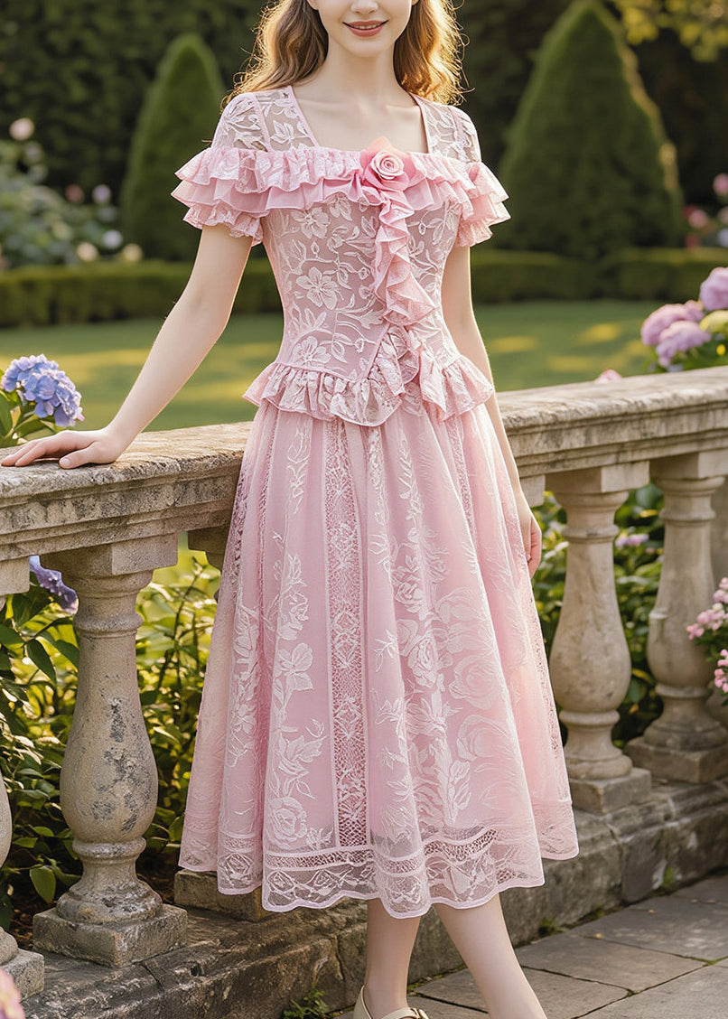 Fine Pink Ruffled Floral Lace Two Pieces Set Summer