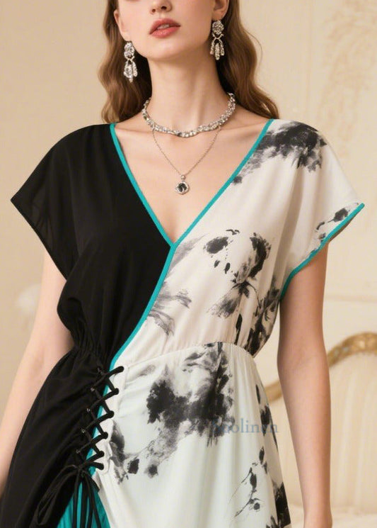 Fine Print Asymmetrical Patchwork Chiffon Robe Dresses Summer