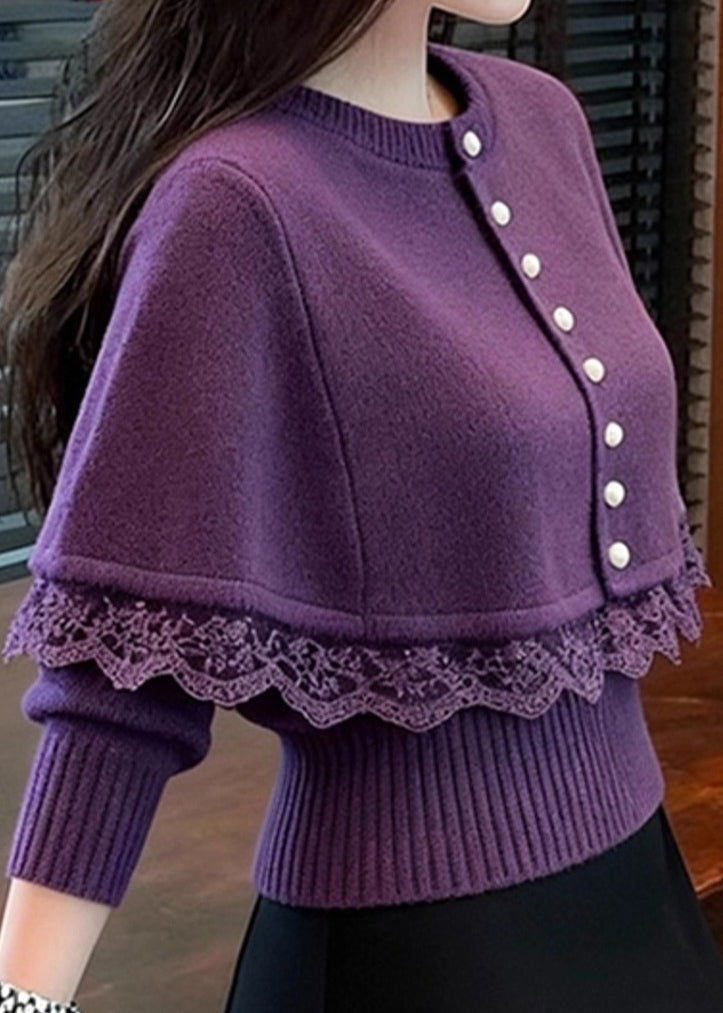 Fine Purple Button Lace Patchwork Knit Cape Sweater Winter