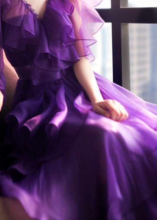 Fine Purple Patchwork Tulle Maxi Dress Short Sleeve