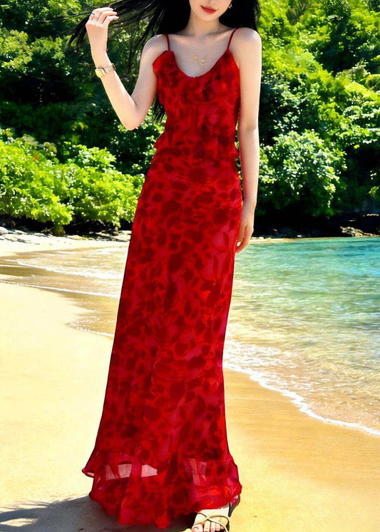 Fine Red O-Neck Print Chiffon Long Beach Dresses Summer