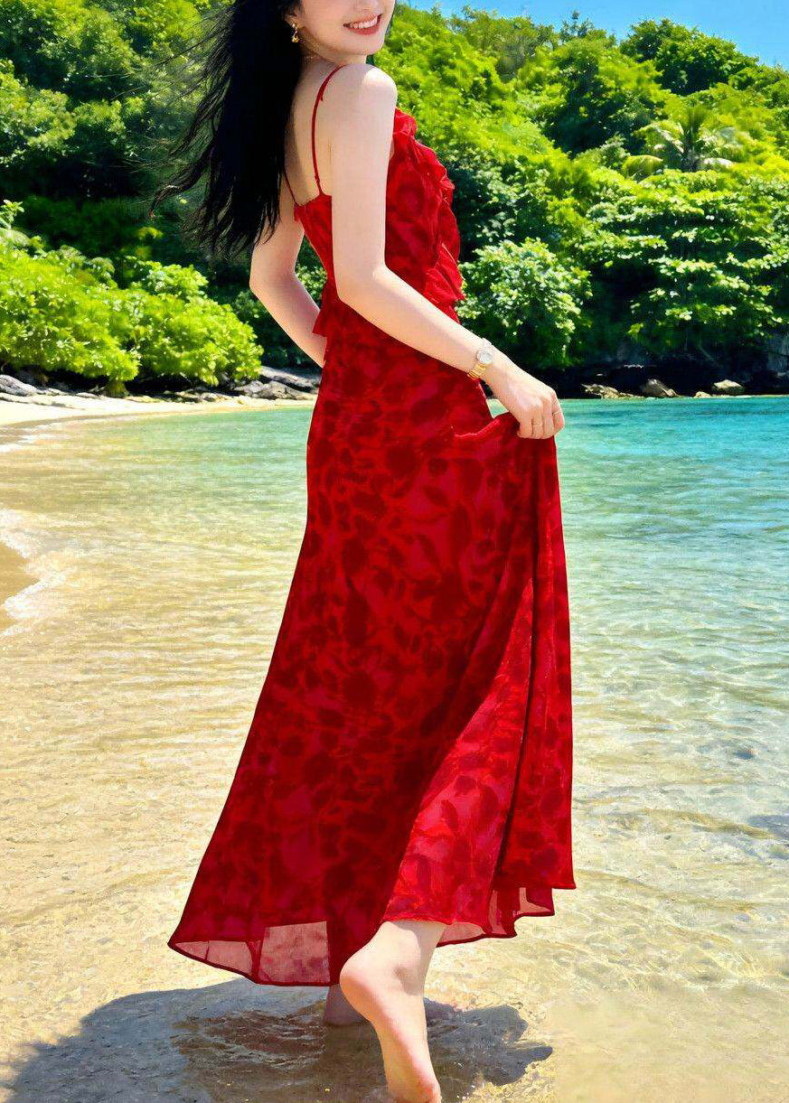 Fine Red O-Neck Print Chiffon Long Beach Dresses Summer