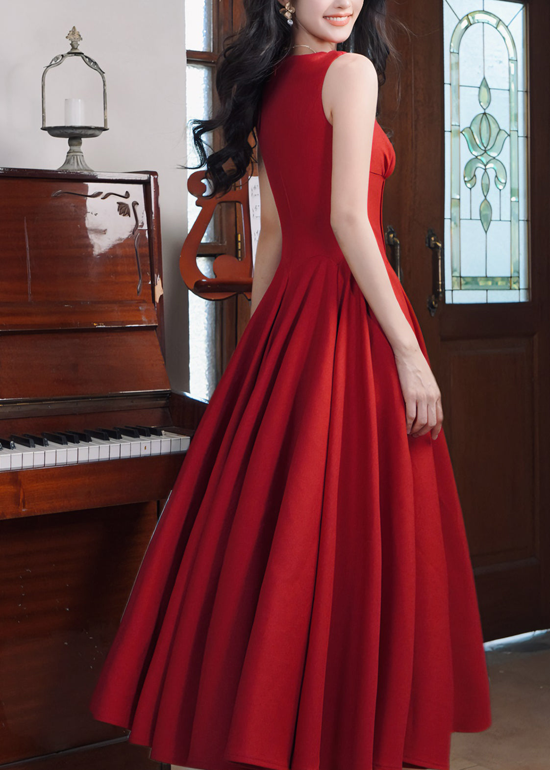 Fine Red Patchwork Tunic Long Spaghetti Strap Dresses Sleeveless