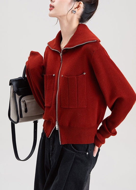 Fine Red Zip Up Peter Pan Collar Knit Cardigans Winter
