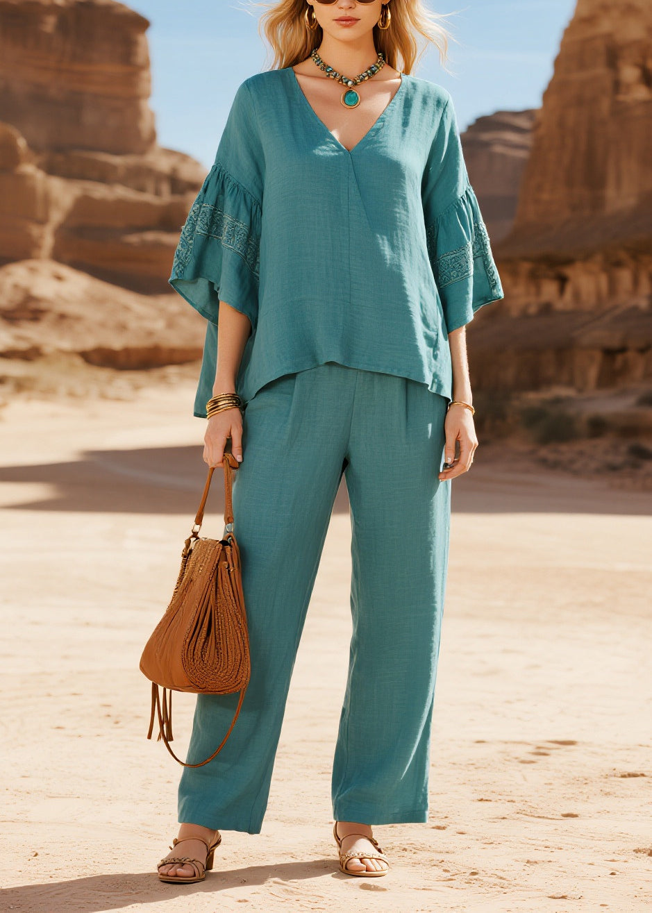 Fine Sea Blue V Neck Oversized Cotton Two Pieces Set Flare Sleeve