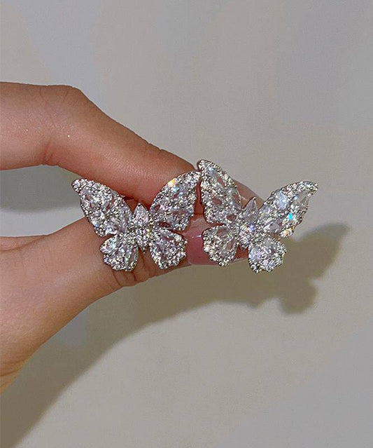 Fine Silk Copper Alloy Zircon Butterfly Stud Earrings