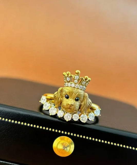 Fine Sterling Silver Overgild Zircon Little Dog Rings Two-Piece Set