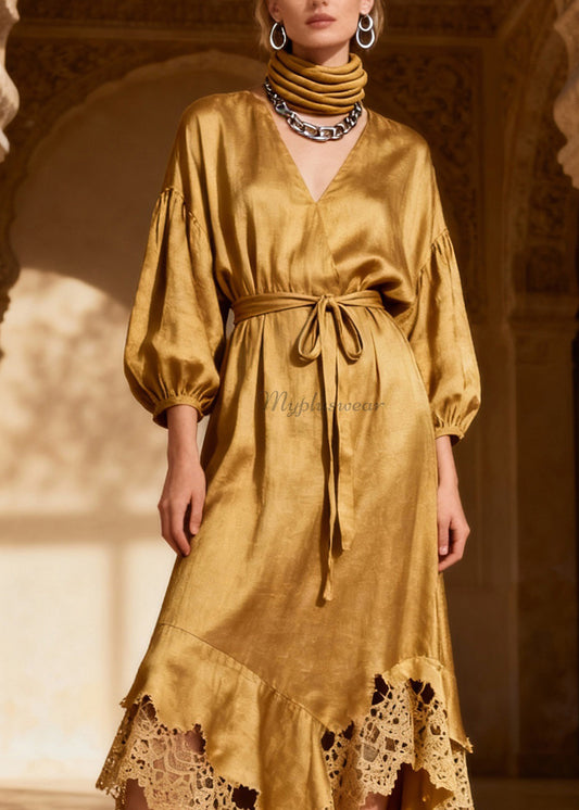 Fine V Neck Asymmetrical Lace Patchwork Silk Dresses Spring