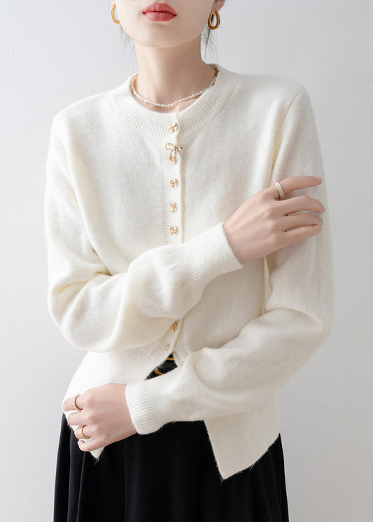 Fine White Bow Side Open Warm Knit Cardigan Winter