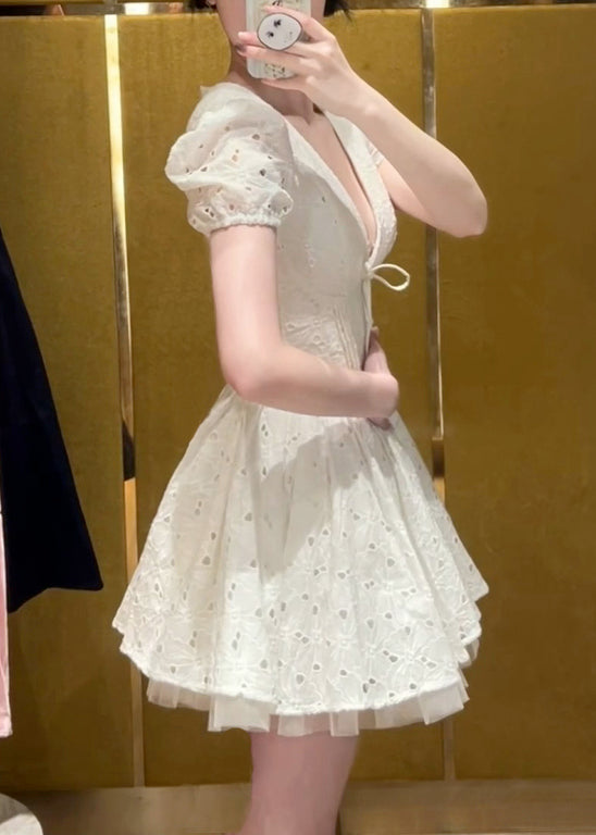 Fine White Hollow Out Tulle Patchwork Mini Dresses Summer