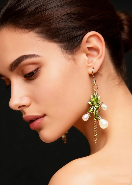 Fine White Pearl Branch Design Tassels Drop Earrings