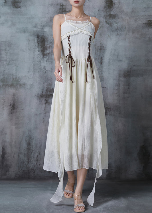 Fine White Ruffled Lace Up Cotton Cami Dresses Summer