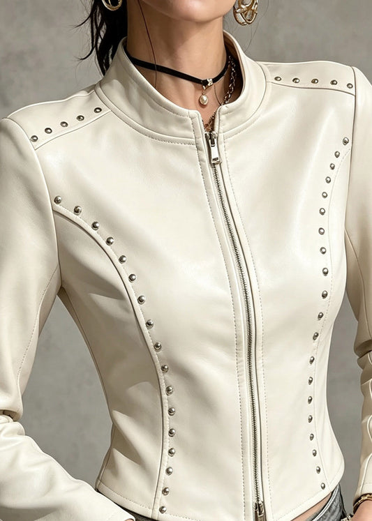 Fine White Stand Collar Zippered Nail Bead Coats Long Sleeve
