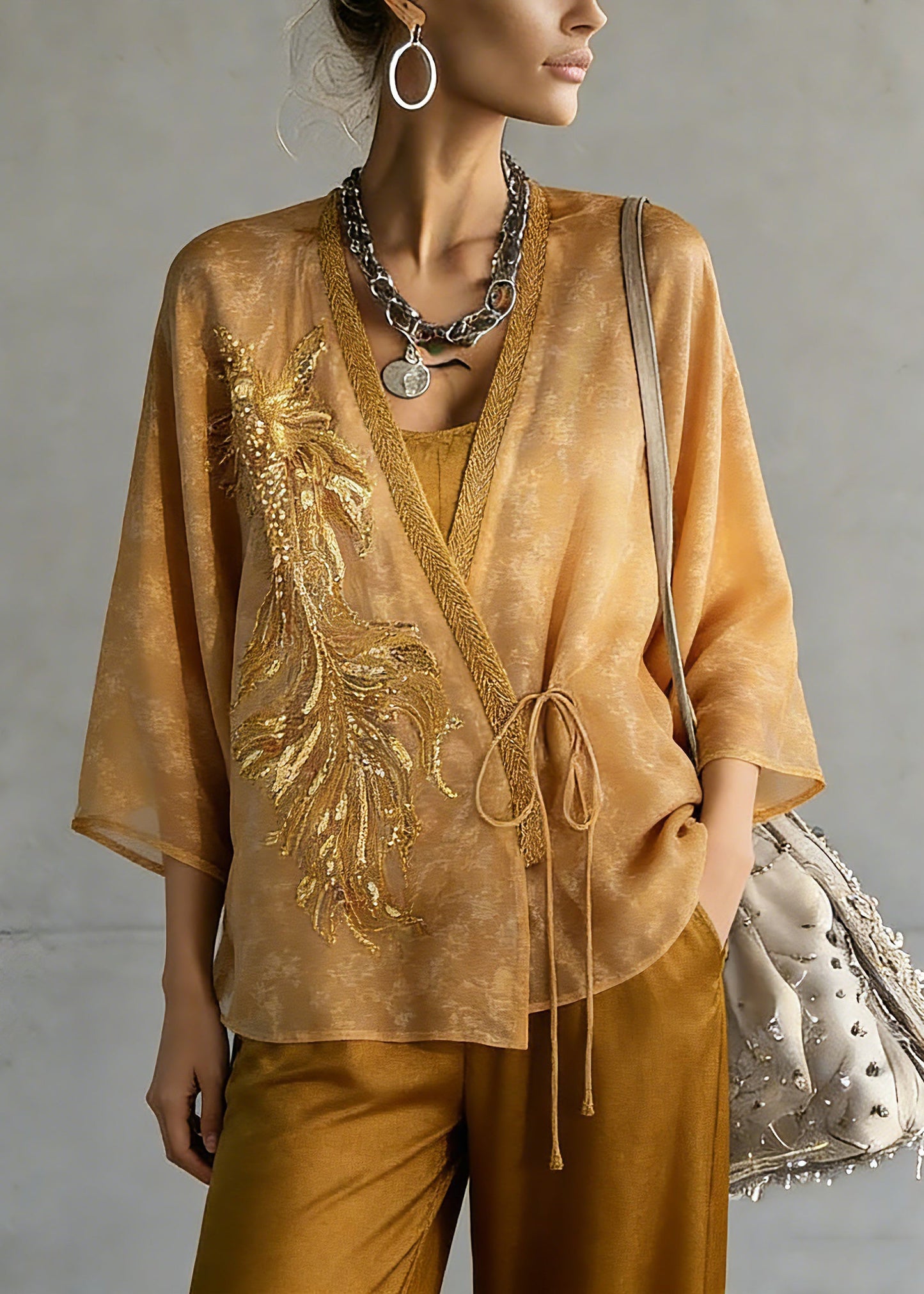 Fine Yellow Embroidered Tie Waist Silk Cardigans Three Quarter Sleeve Sleeve