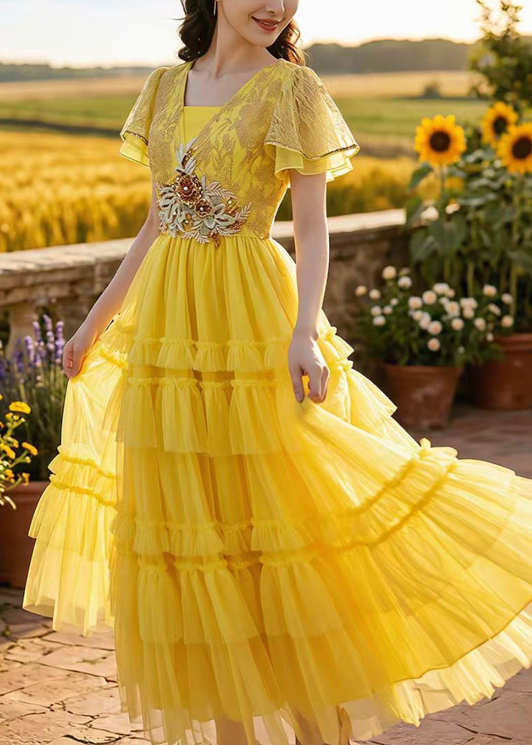 Fine Yellow Embroidered Tulle Party Dress Summer