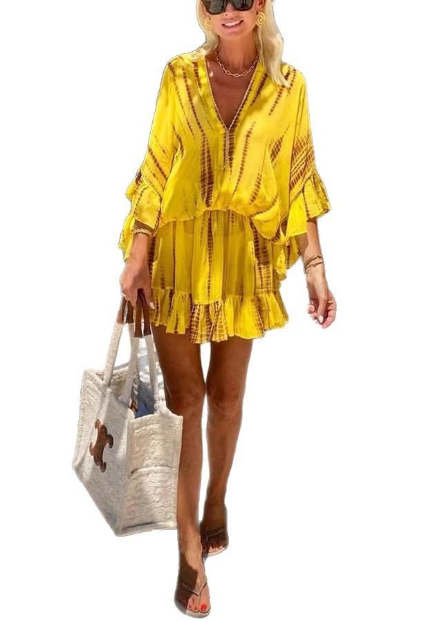 Fine Yellow Print Zircon Chiffon Beach Dress Batwing Sleeve
