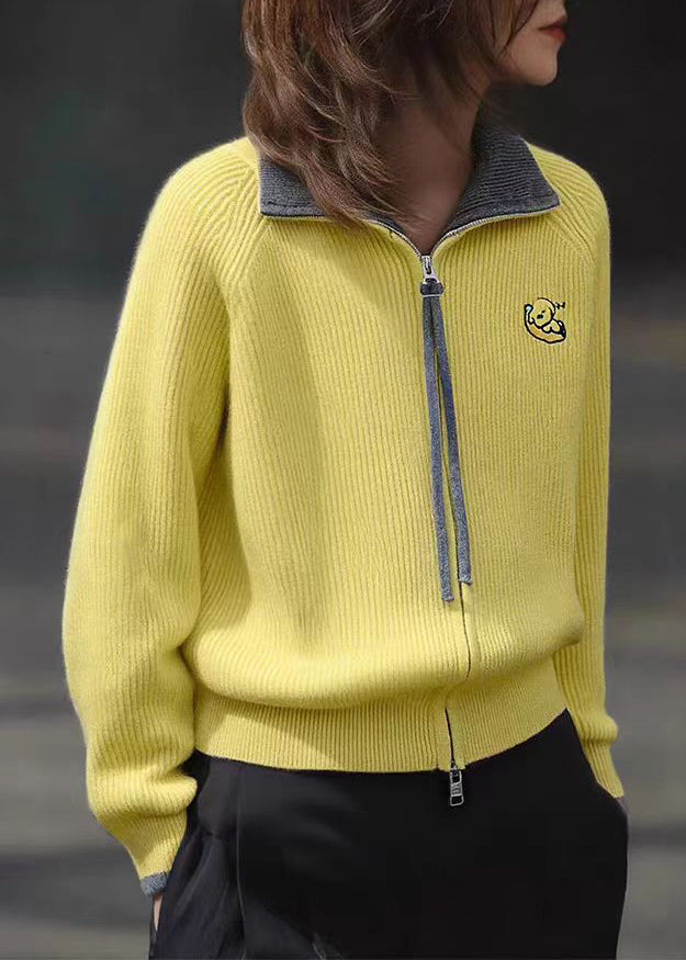 Fine Yellow Stand Collar Zippered Cotton Knit Cardigans Lantern Sleeve