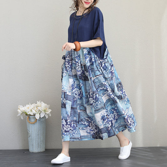 Fine blue linen dresses oversized patchwork floral caftans vintage short sleeve kaftans