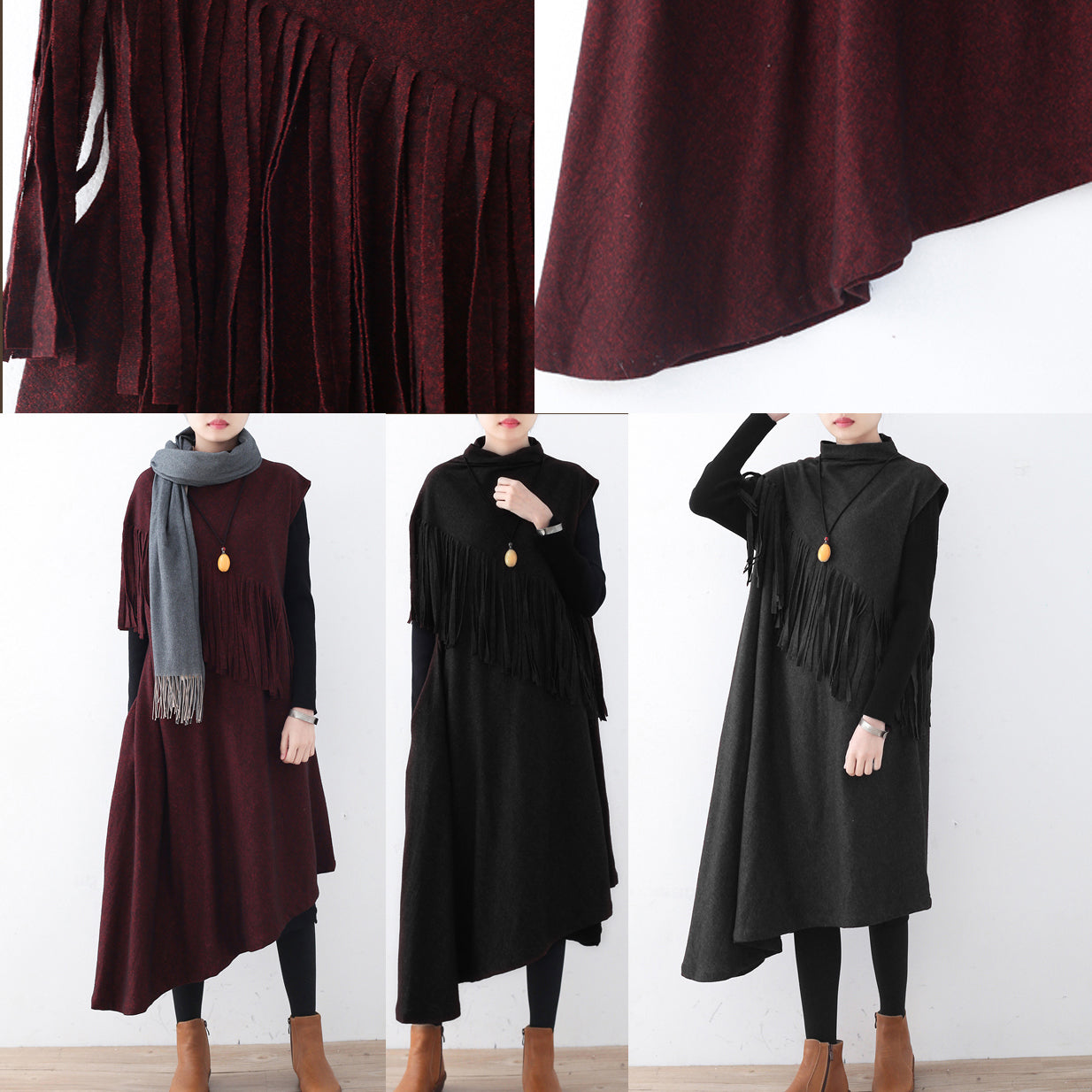 Fine burgundy long woolen trendy plus size tassel fall dresses Elegant asymmetric winter dress